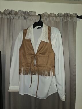 Laura Scott White Button-Down Shirt with Brown Fringe Vest